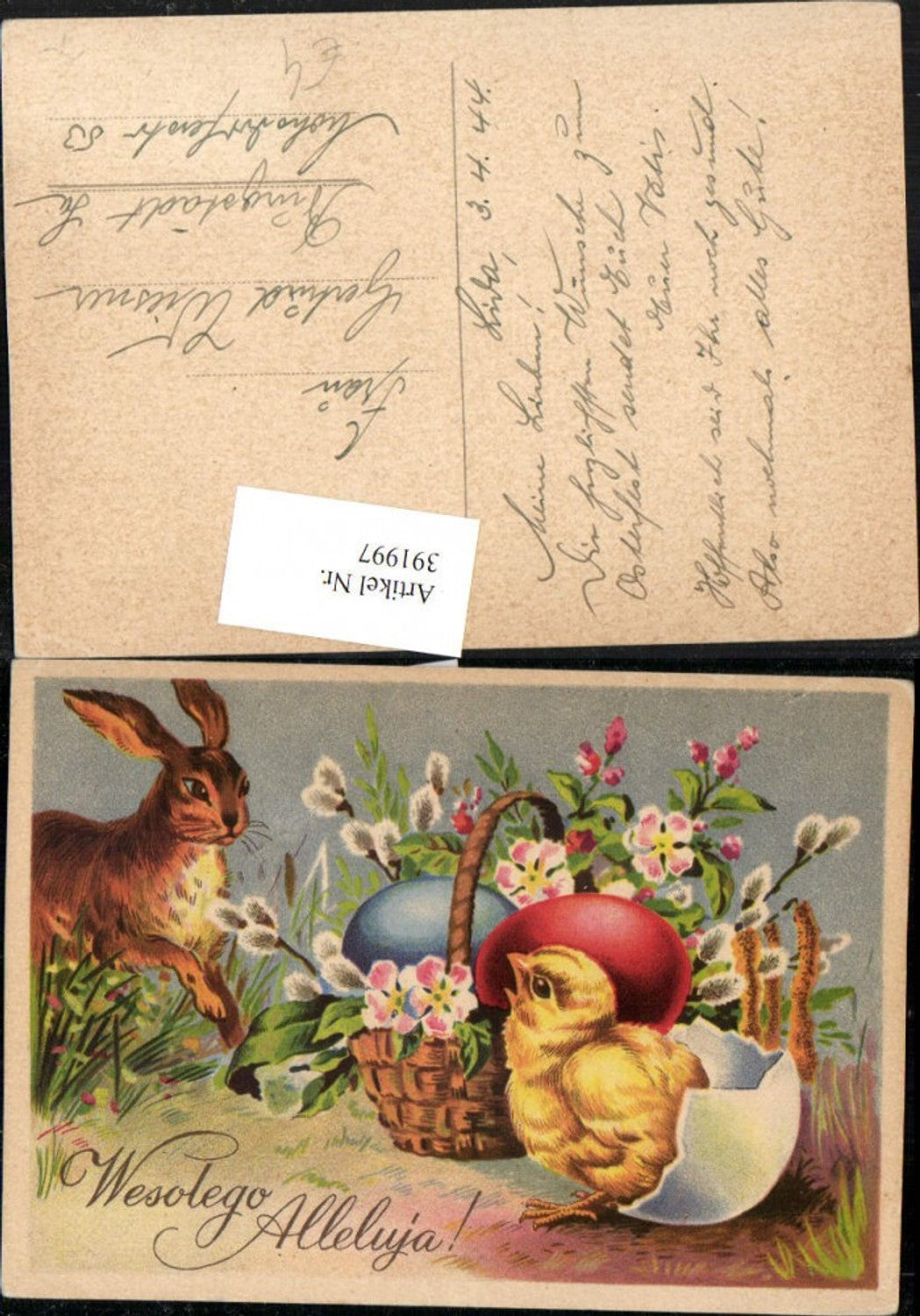 391997,Künstler AK Ostern Osterhase Hase Küken Korb Eier Blumen Palmkätzchen