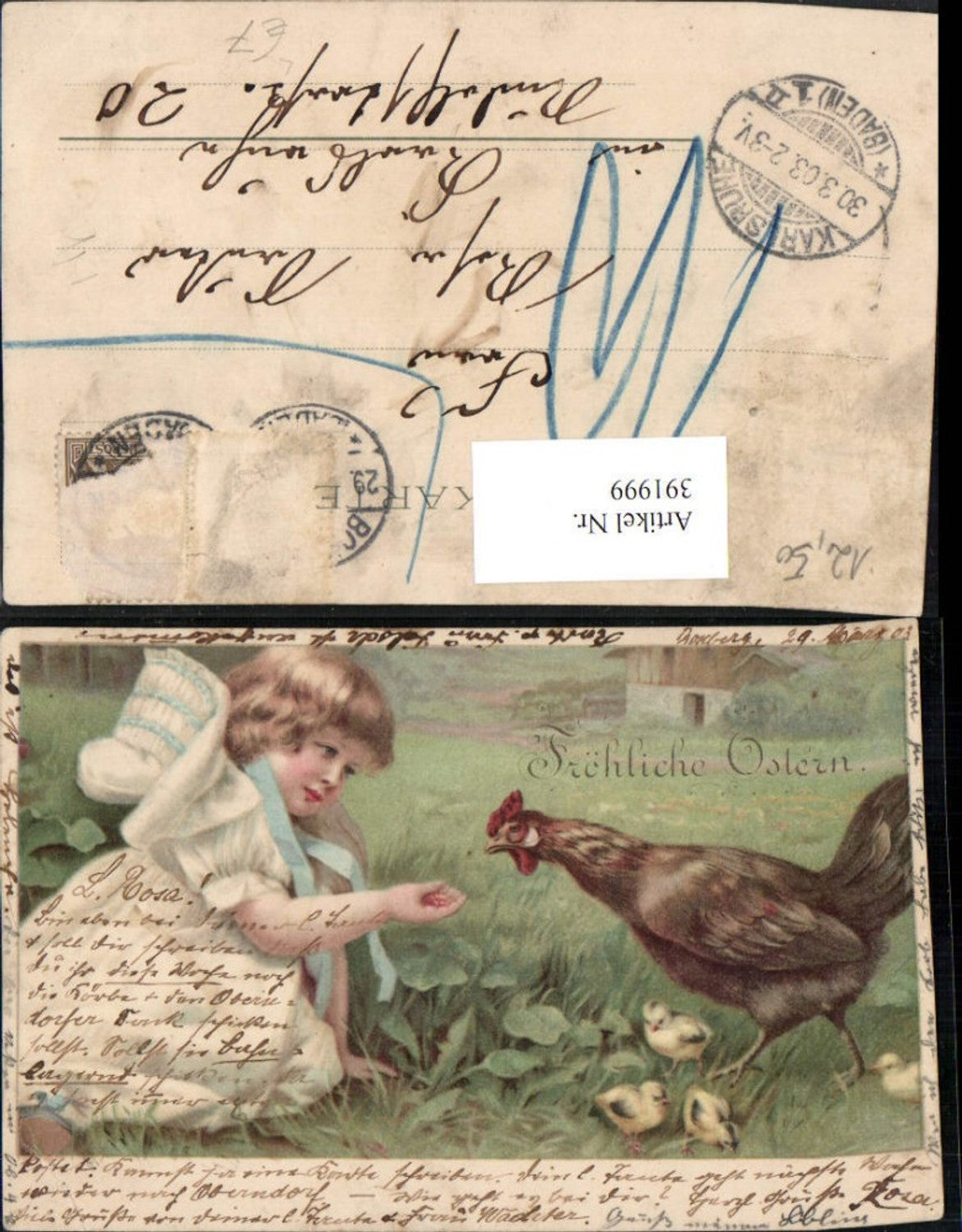 391999,Litho Ostern Kind Mädchen Huhn Küken