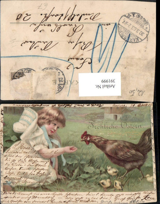 391999,Litho Ostern Kind Mädchen Huhn Küken