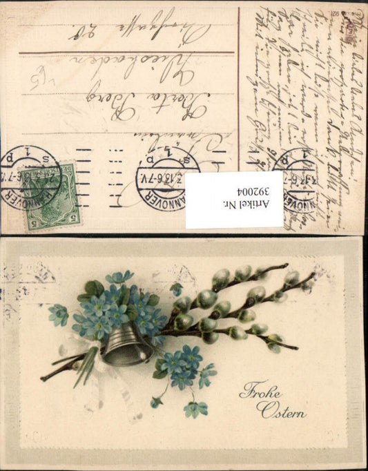 392004,Präge Litho Ostern Palmkätzchen Blumen Glocke Schleife