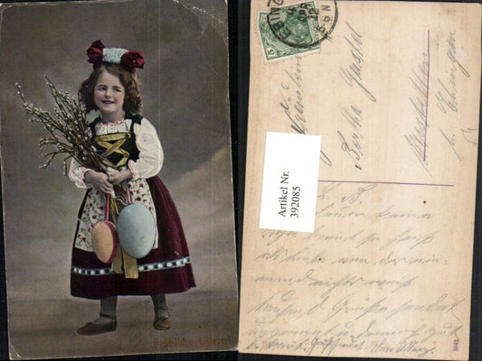 392085,Ostern Mädchen in Tracht Ostereier Palmkätzchen