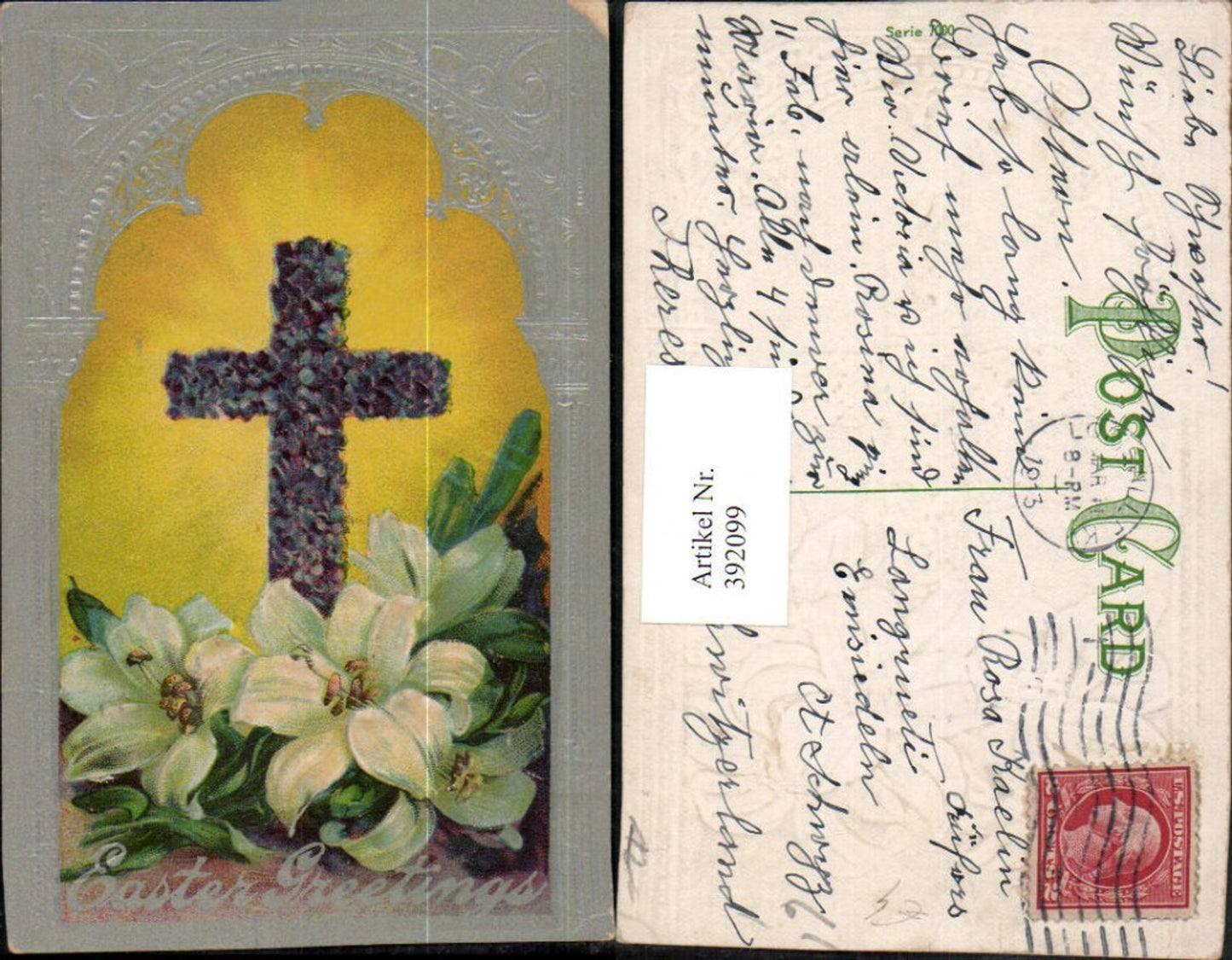 392099,Präge Künstler AK Ostern Blumen Lilie Blumenkreuz Kreuz
