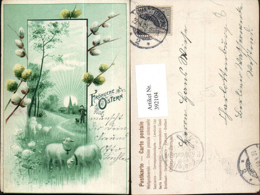 392104,Präge Litho Ostern Landschaft Sonne Kirche Schafe Hirte Palmkätzchen