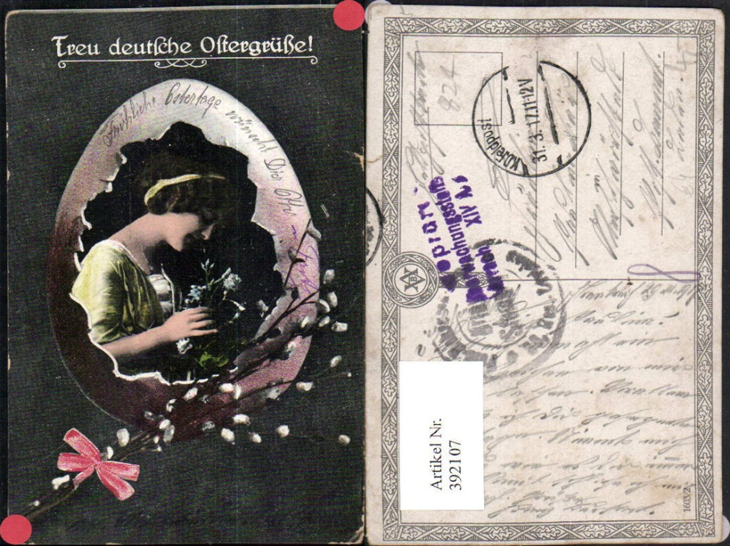 392107,Ostern Frau m. Haarband Portrait Eierschale Palmkätzchen Schleife