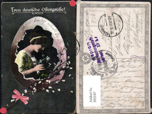 392107,Ostern Frau m. Haarband Portrait Eierschale Palmkätzchen Schleife