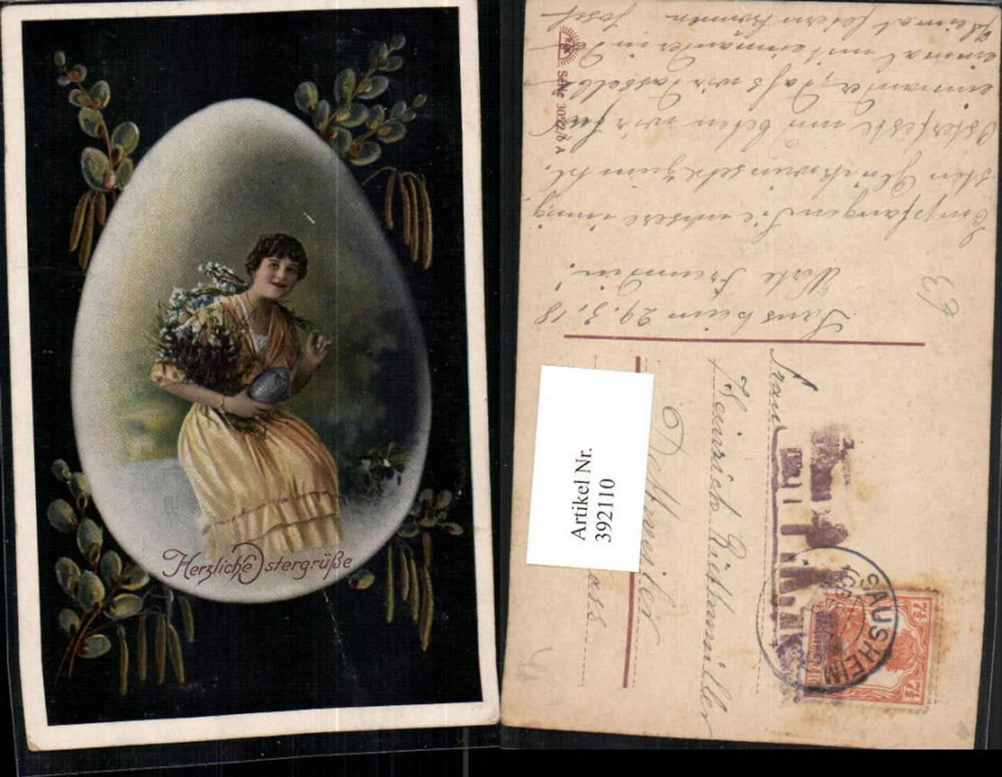 392110,Ostern Frau m. Kleid Osterei Passepartout Ei Palmkätzchen