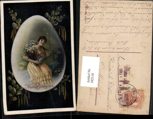 392110,Ostern Frau m. Kleid Osterei Passepartout Ei Palmkätzchen