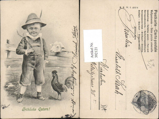 392121, Artist AK Easter Boy with feathered hat Rooster Lamb Eggs pub BKWI 4515/4