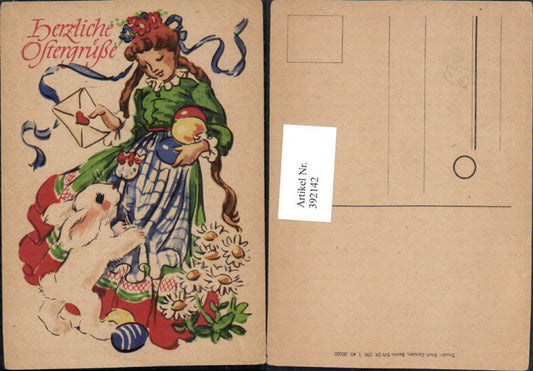 392142, Artist AK Easter Woman with Dress Letter Easter Eggs Rabbit Flowers