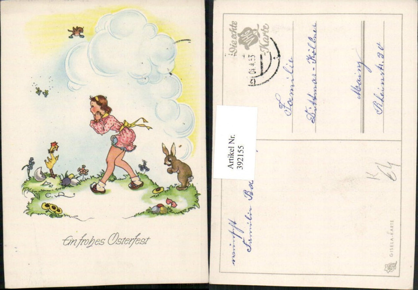 392155, Artist AK E. v. R. Easter Child Girl Easter Bunny Rabbit Chick