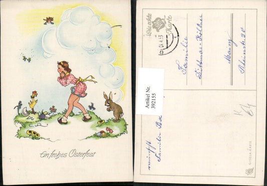 392155, Artist AK E. v. R. Easter Child Girl Easter Bunny Rabbit Chick