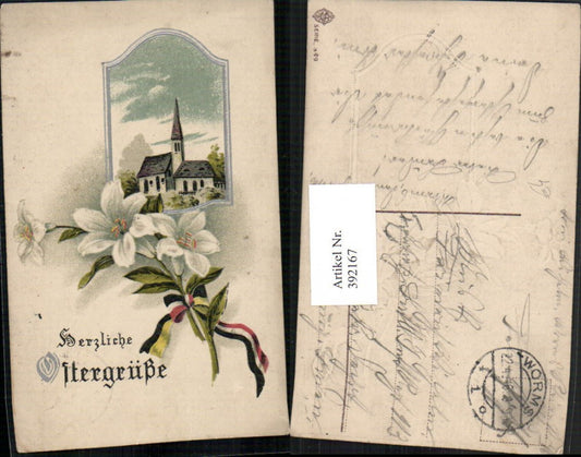 392167, embossed artist postcard Easter church passe-partout lilies ribbon patriotism