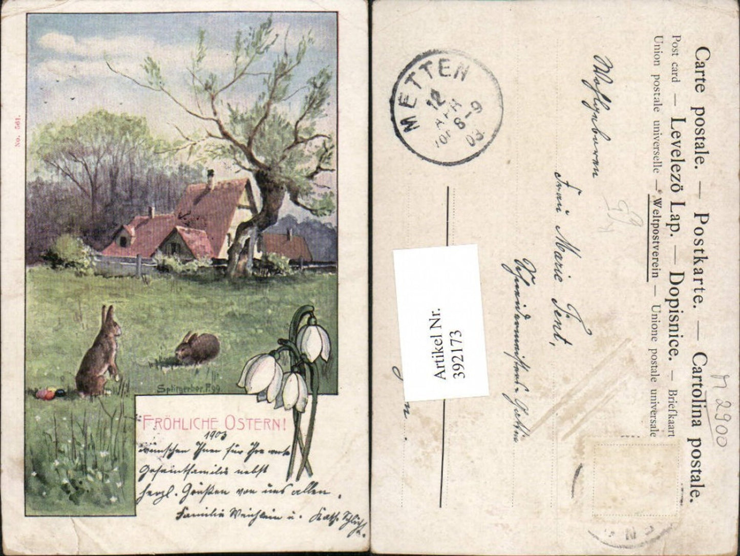 392173,Künstler AK Splitgerber Ostern Landschaft Haus Osterhasen Hasen Schneeglöckchen