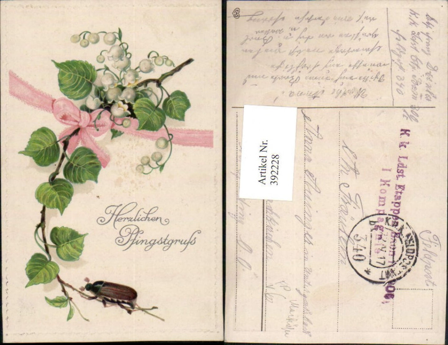 392228,Präge Künstler AK Pfingsten Maikäfer Maiglöckchen Schleife Feldpost Nr. 340 pub EAS