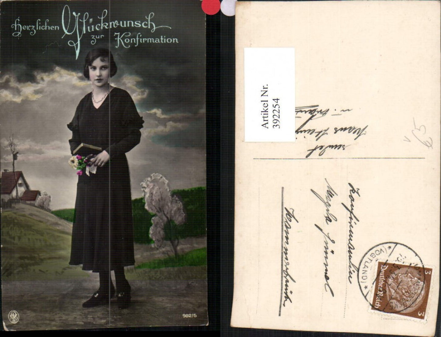 392254,Konfirmation Mädchen m. Kleid Bibel Blumen pub NPG 982/5