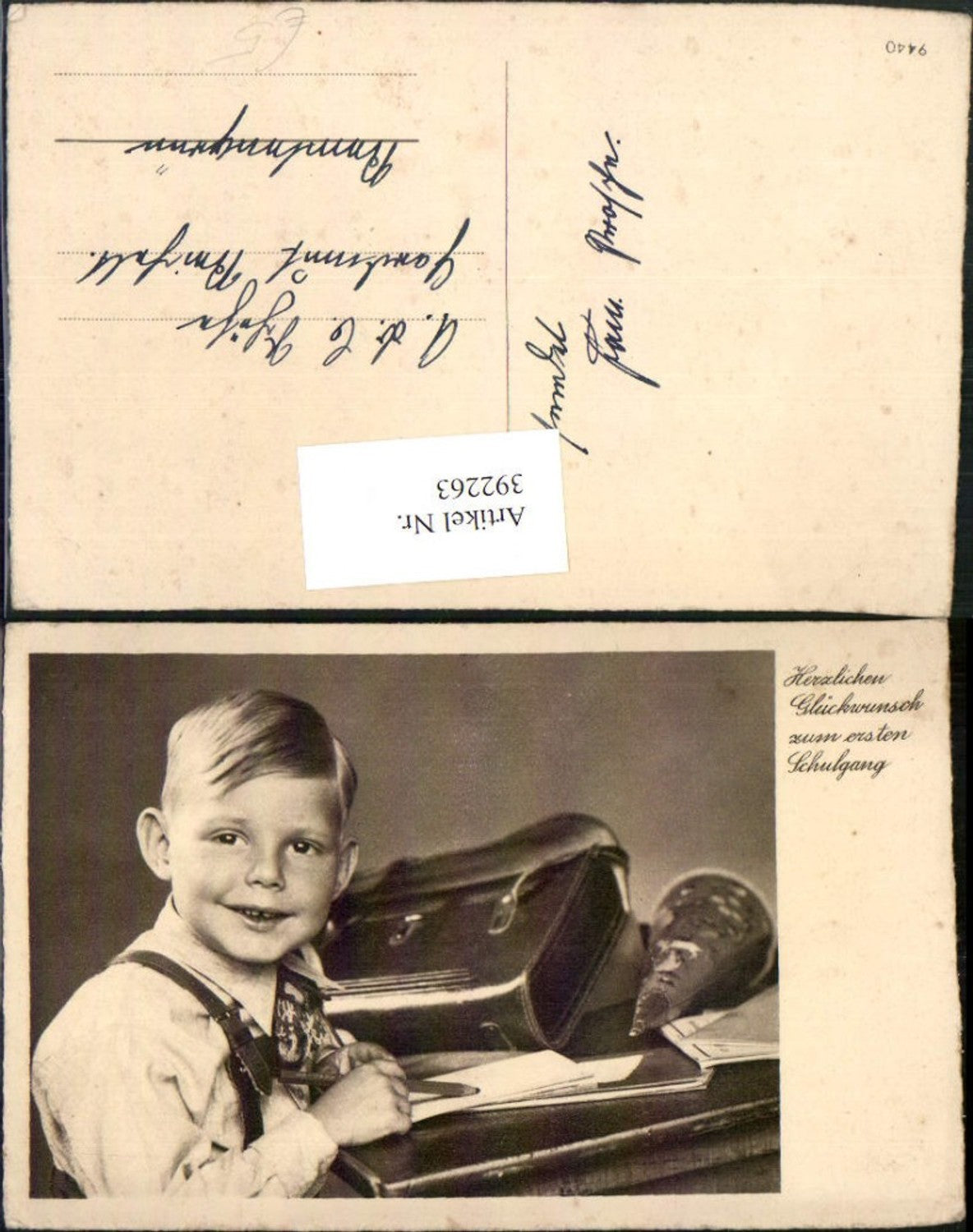 392263, First day of school, boy with pencil, school cone, school bag
