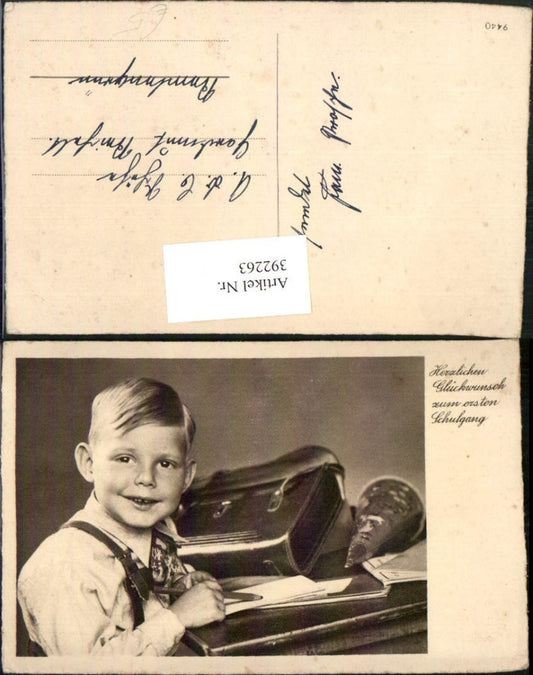 392263, First day of school, boy with pencil, school cone, school bag