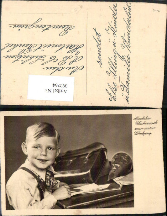 392264, First day of school, boy with pencil, school cone, school bag