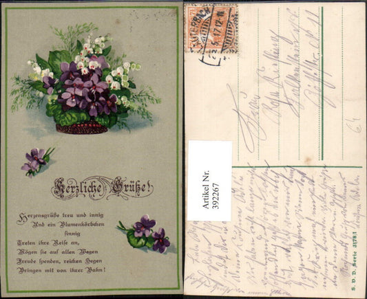 392267,Künstler AK Herzliche Grüße Spruch Gedicht Blumen Veilchen