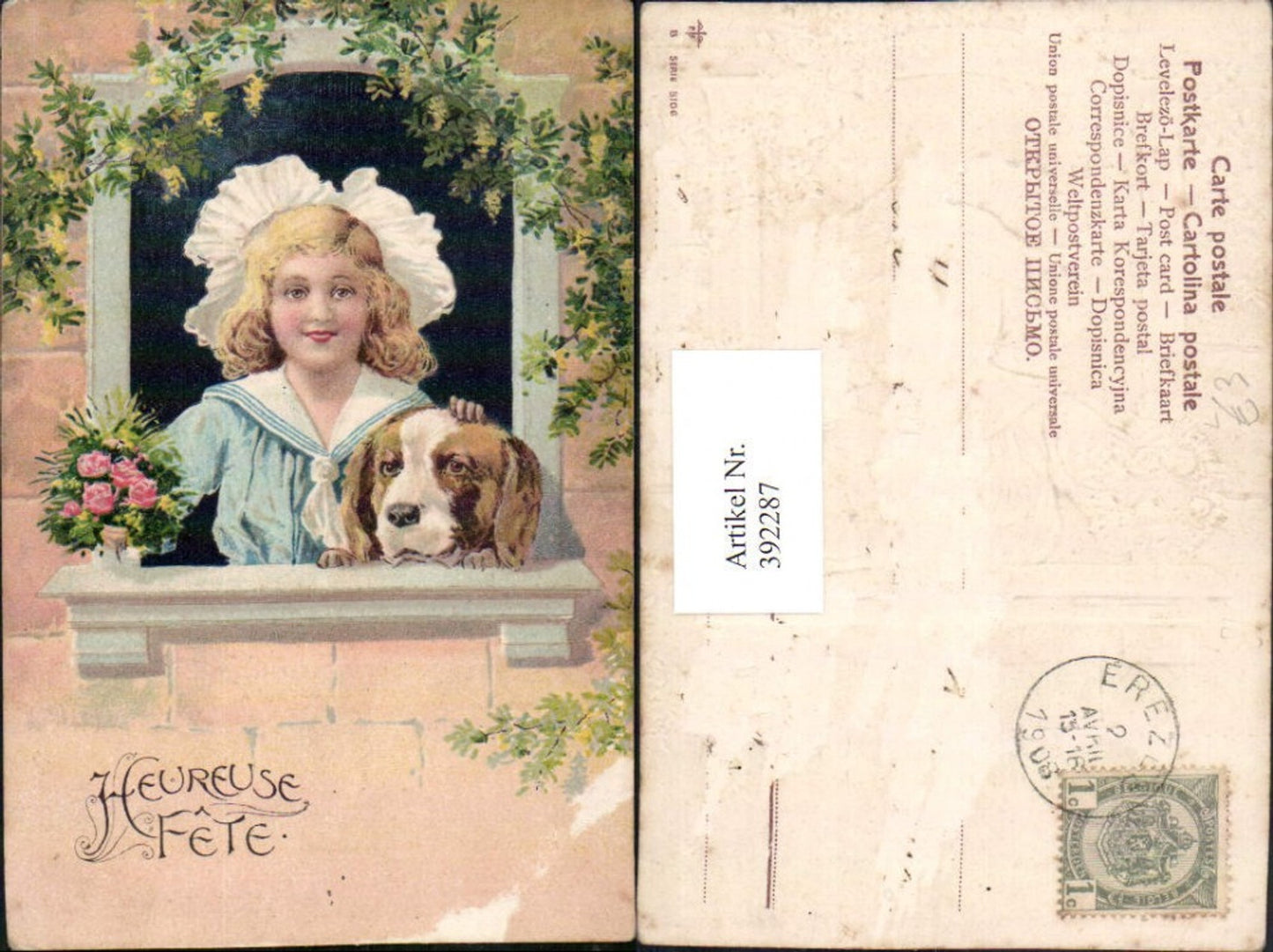 392287,Präge Litho Heureuse Fete Mädchen m. Hund Fenster Blumen