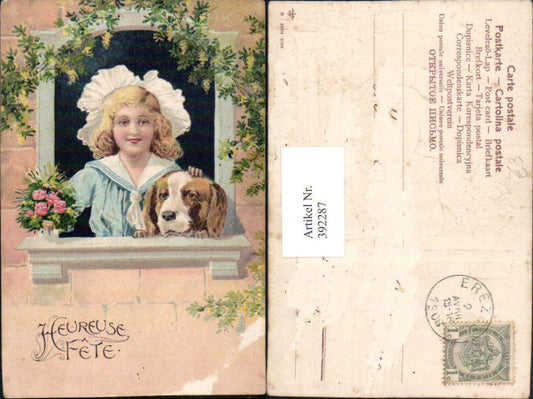 392287,Präge Litho Heureuse Fete Mädchen m. Hund Fenster Blumen