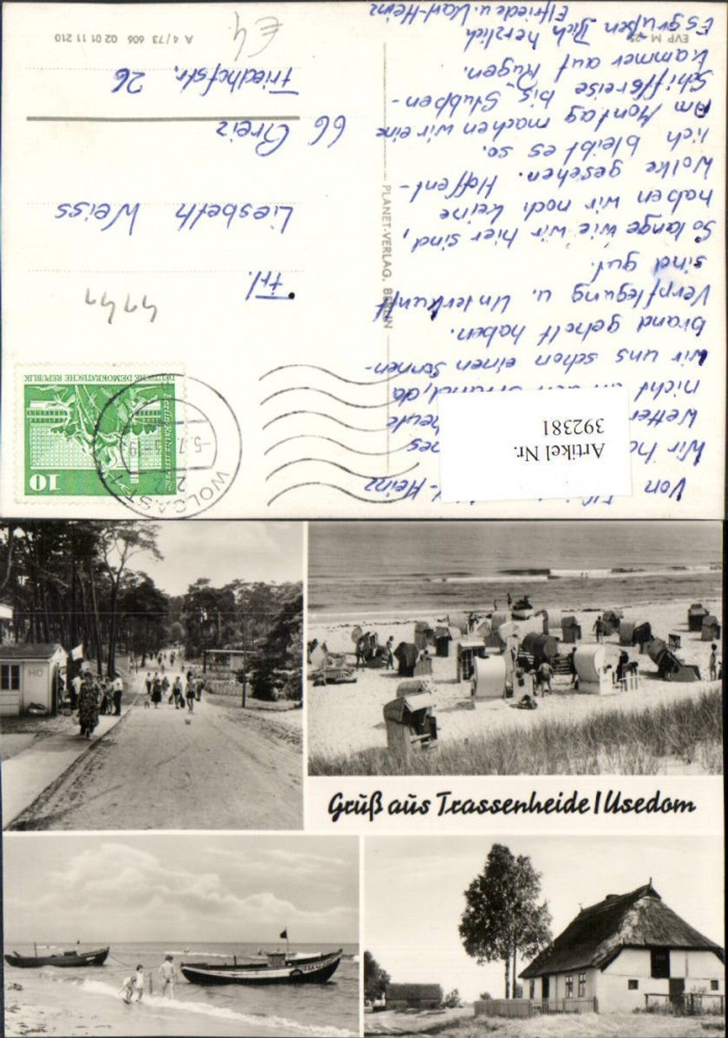 392381,Trassenheide auf Usedom Strand Strandleben Boote Haus Mehrbildkarte