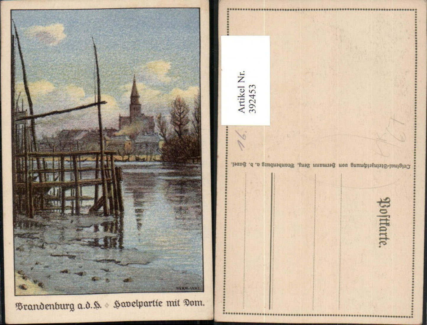 392453,Künstler AK Steinzeichnung Hermann Lenz Brandenburg an d. Havel Partie m. Dom Kirche