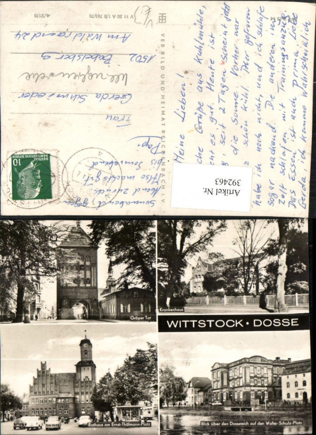 392463,Wittstock an d. Dosse Krankenhaus Rathaus Gröper-Tor Turm Mehrbildkarte pub VEB