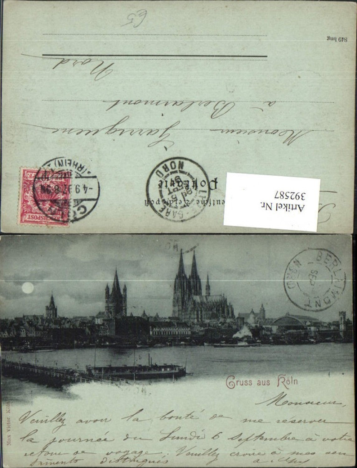 392587,Mond Litho Gruß aus Köln am Rhein Teilansicht Kirche