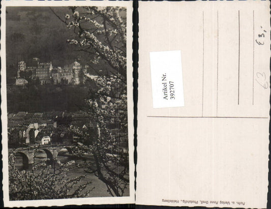 392707, Heidelberg partial view with bridge, castle, blossoming trees