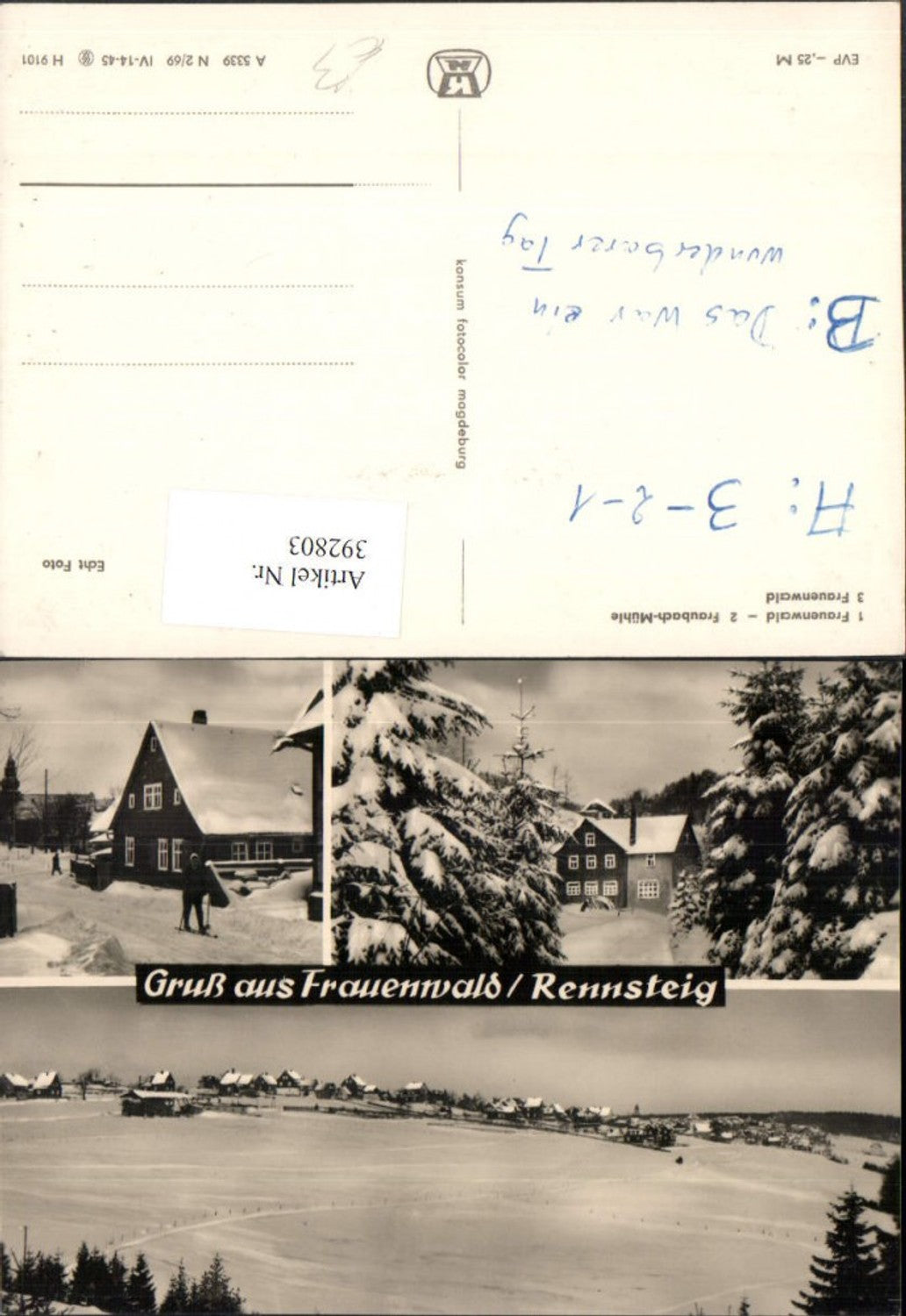 392803, Frauenwald am Rennsteig, Total view of Fraubach Mill, Multi-image postcard, Winter pictures