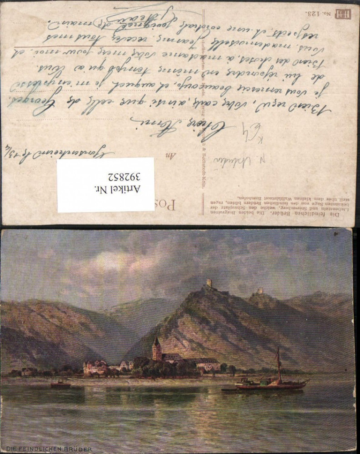 392852,Künstler AK N. Astudin Feindlichen Brüder Burg Liebenstein u. Sterrenberg b. Kamp-Bornhofen