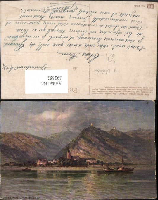 392852,Künstler AK N. Astudin Feindlichen Brüder Burg Liebenstein u. Sterrenberg b. Kamp-Bornhofen