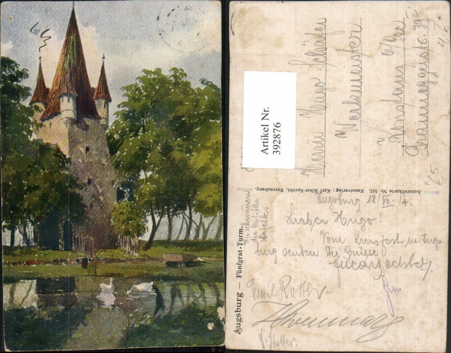 392876,Künstler AK Augsburg Füngrat-Turm