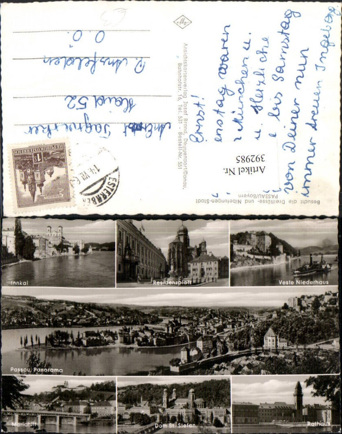 392985, Passau Total Veste Niederhaus Cathedral St. Stefan Town Hall Multiview postcard