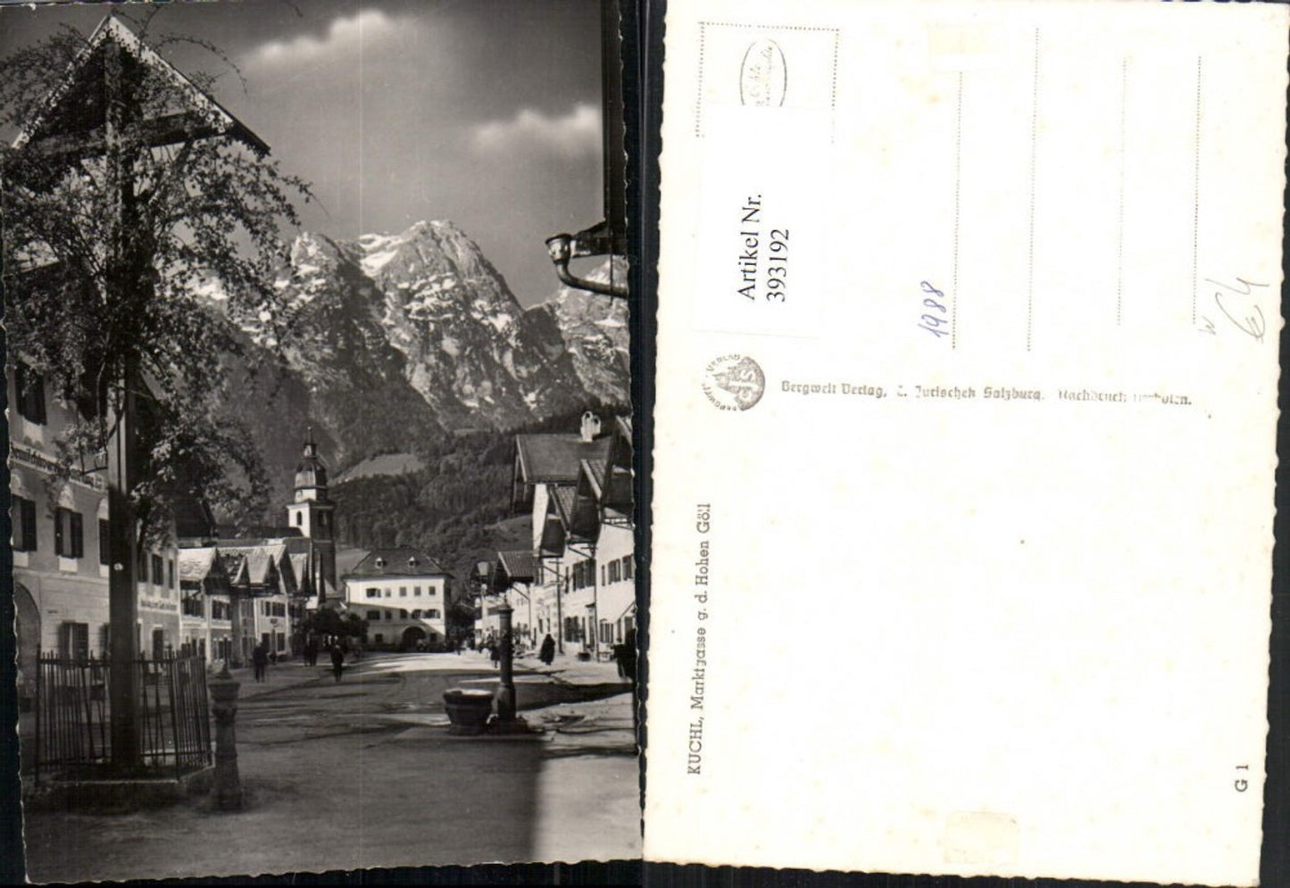 393192,Kuchl Marktgasse Straßenansicht Kreuz geg. Hohen Göll Bergkulisse