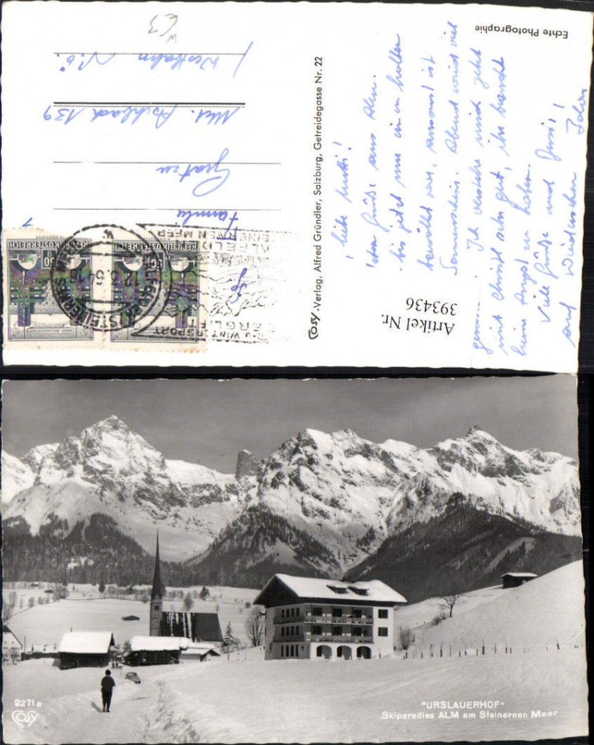 393436,Alm am Steinernem Meer Urslauerhof Kirche Bergkulisse Winterbild pub Cosy 2271a