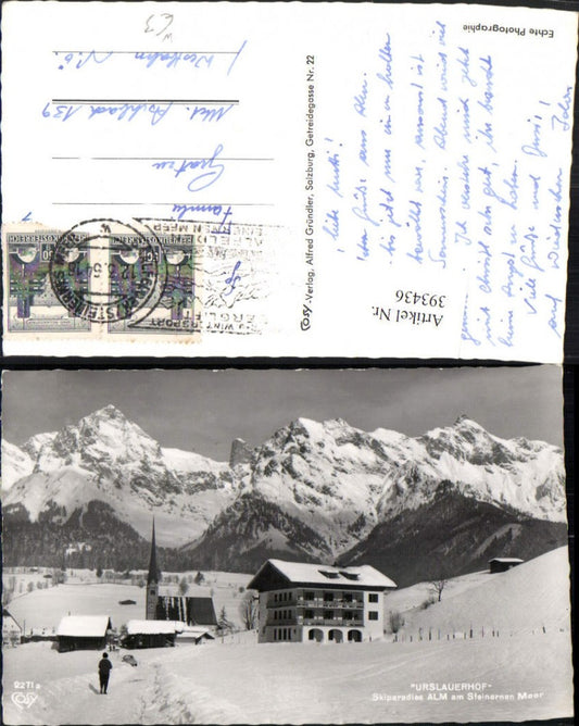 393436,Alm am Steinernem Meer Urslauerhof Kirche Bergkulisse Winterbild pub Cosy 2271a