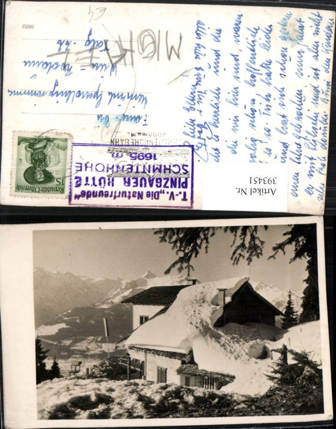 393451,Foto AK Pinzgauer-Hütte Berghütte b. Zell am See Bergkulisse Winterbild