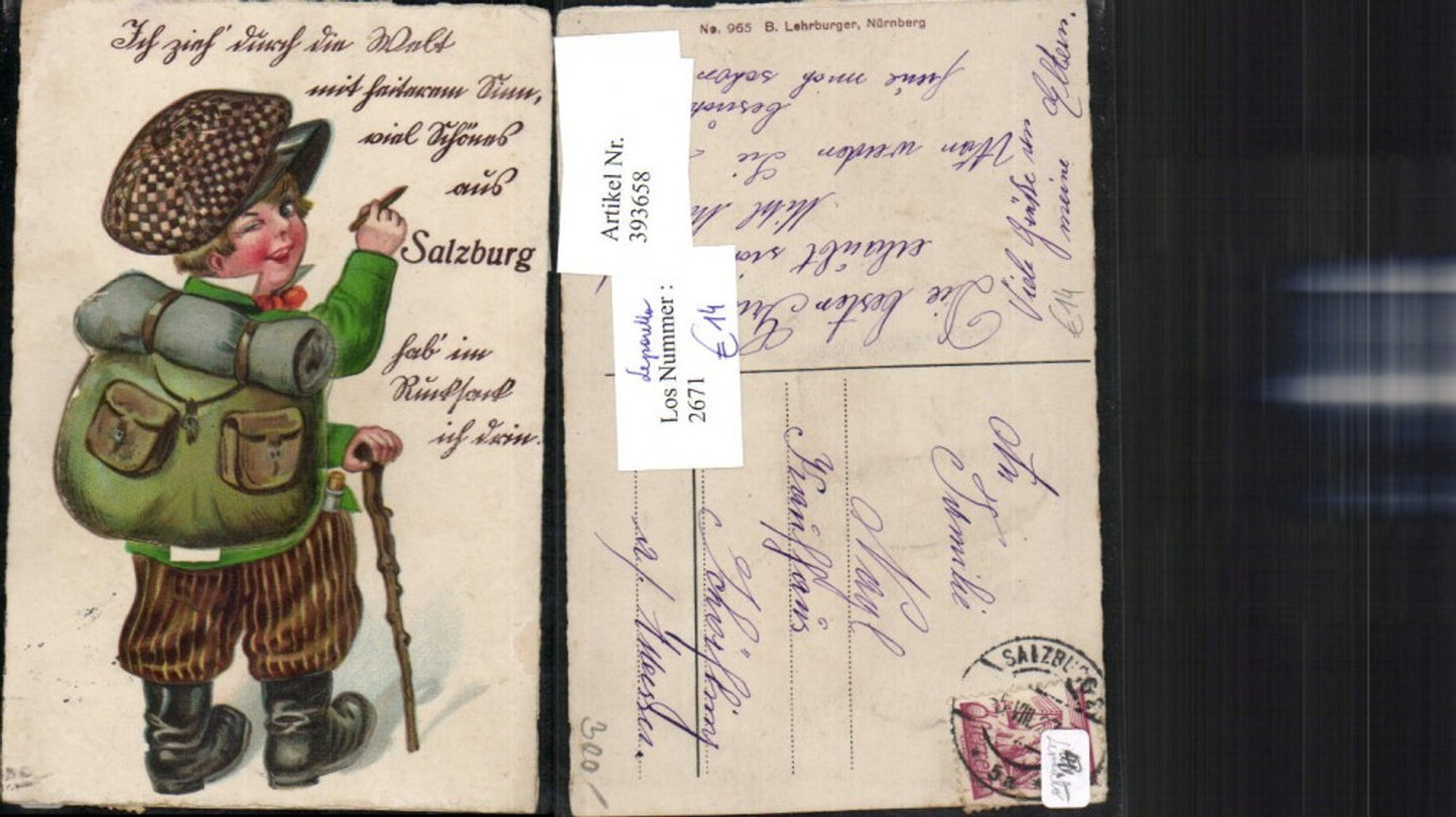 393658,Leporello Salzburg 10 Ansichten Kind m. Mütze Rucksack Stift Stock