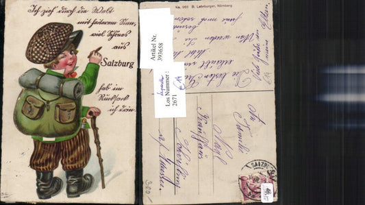 393658,Leporello Salzburg 10 Ansichten Kind m. Mütze Rucksack Stift Stock