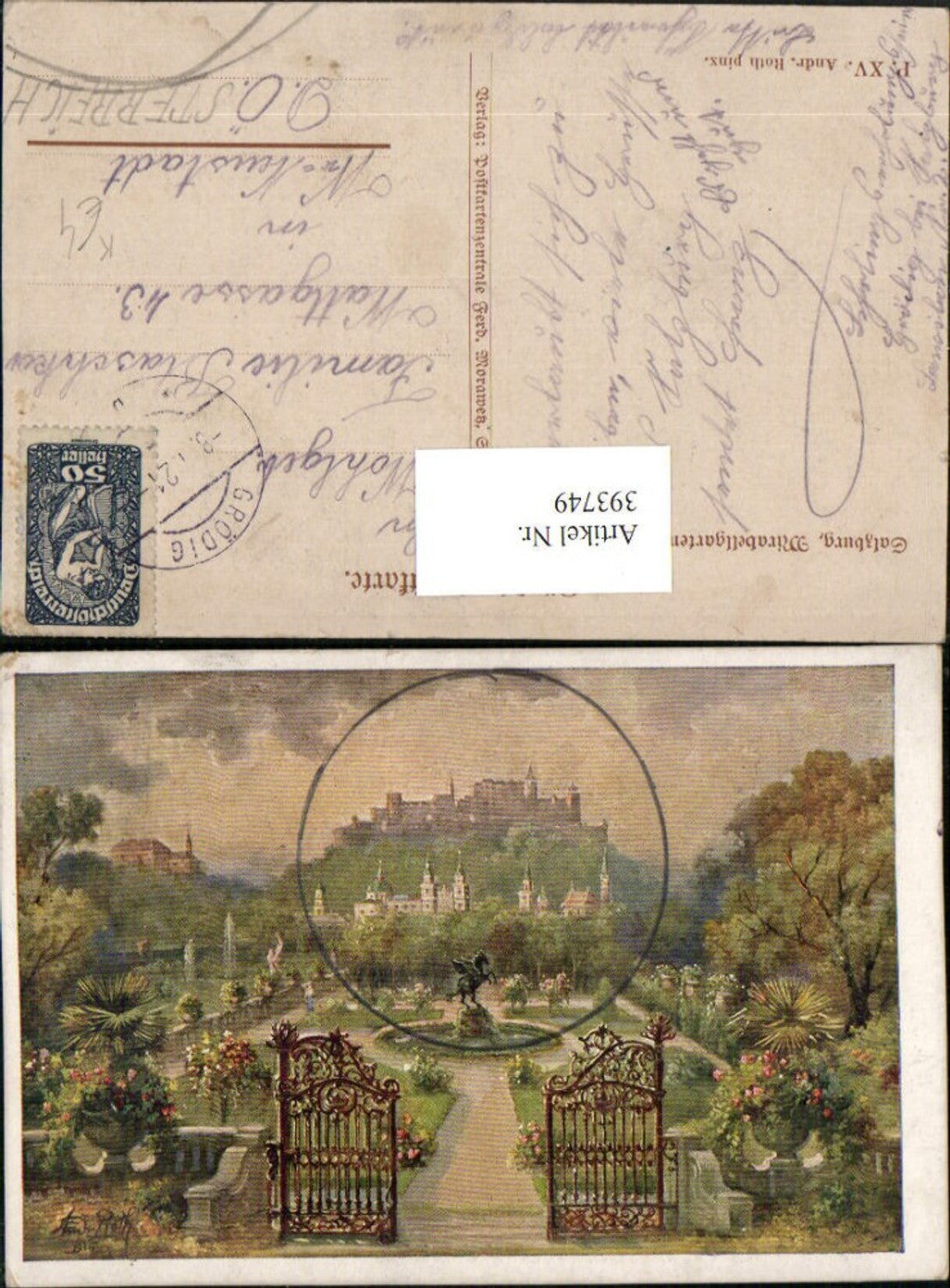 393749,Künstler AK Andr. Roth Salzburg Mirabellgarten m. Festung