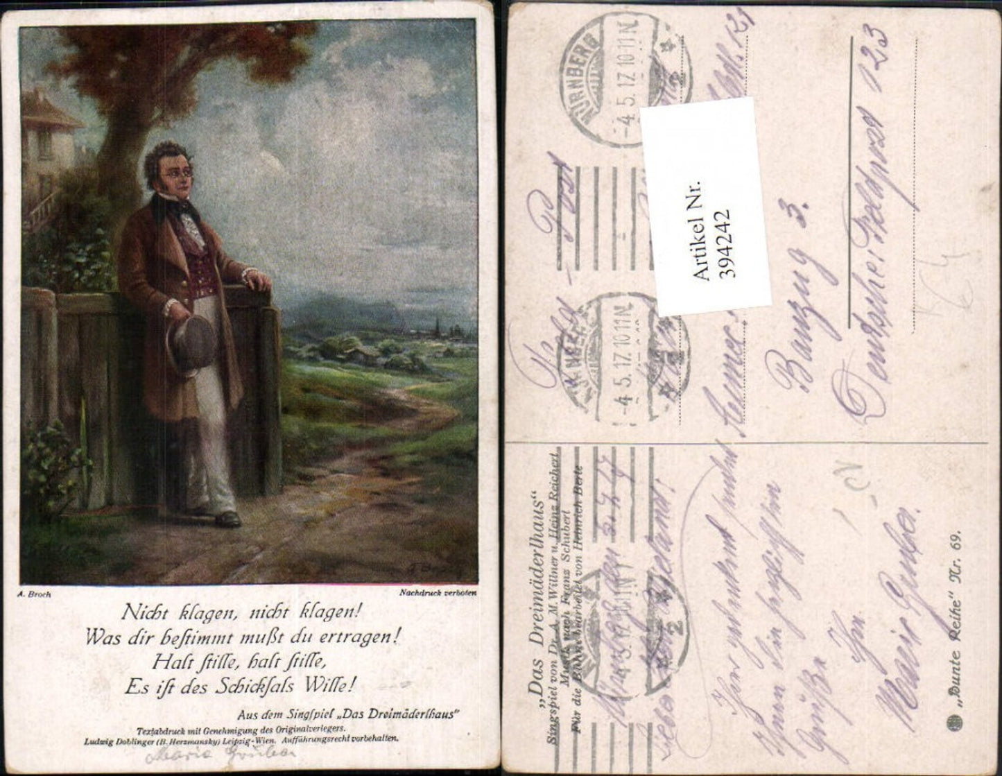394242,Künstler AK A. Broch Das Dreimäderlhaus Franz Schubert m. Hut