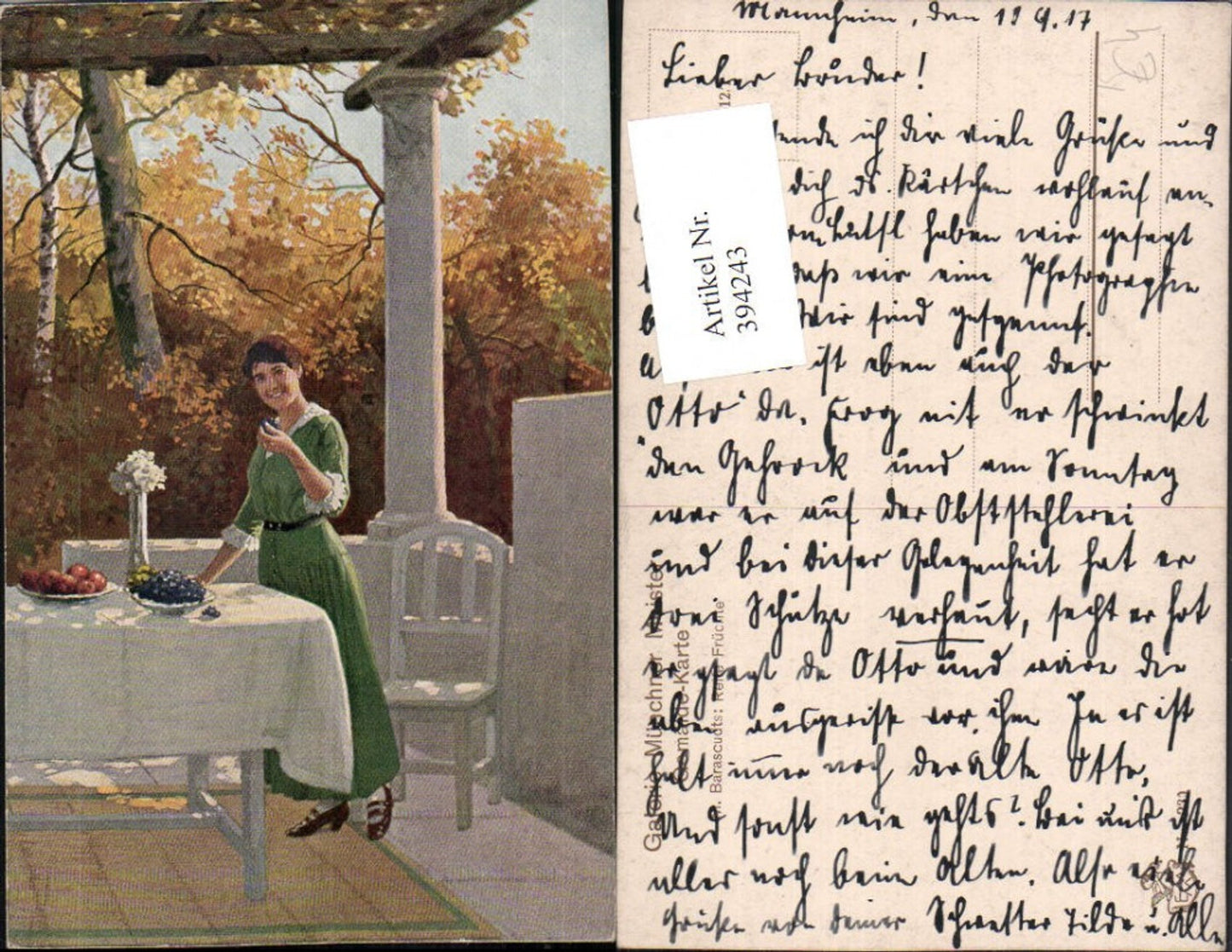 394243,Künstler AK M. Barascudts Terrasse Frau m. Kleid Tisch pub Galerie Münchner Meister