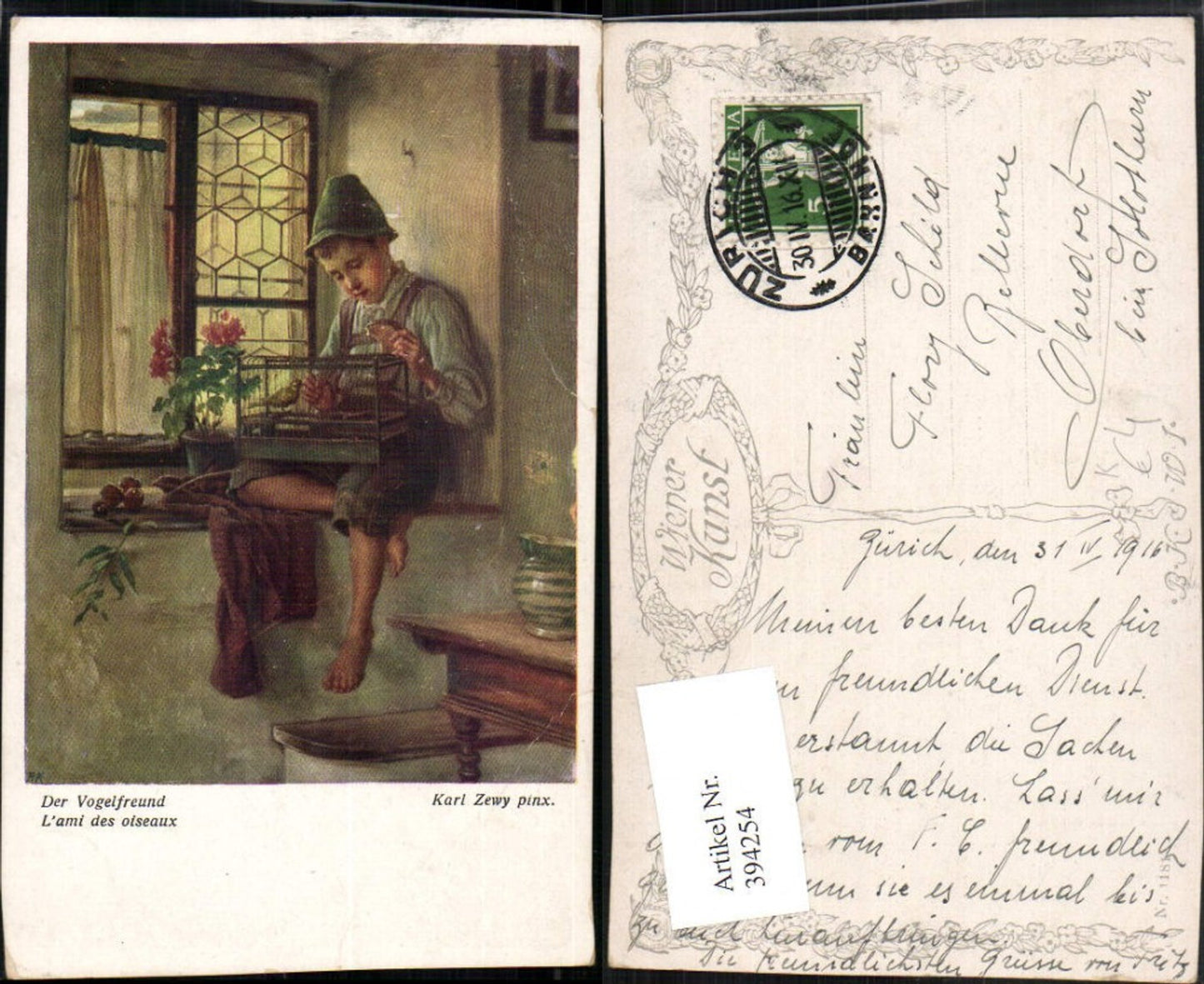 394254,Künstler AK Karl Zewy Der Vogelfreund Junge in Tracht Hut Vogelkäfig pub B.K.W.I. 1181