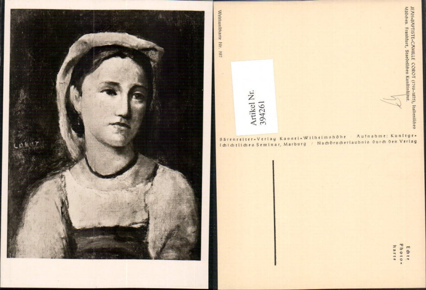 394261,Künstler AK Jean-Baptiste-Camille Corot Italienisches Mädchen Portrait pub Bärenreiter 587
