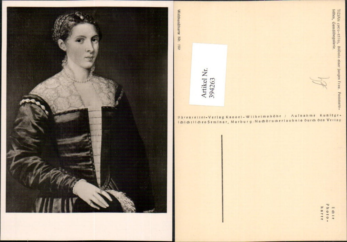 394263, Artist AK Titian Portrait of a Young Woman pub Bärenreiter 580