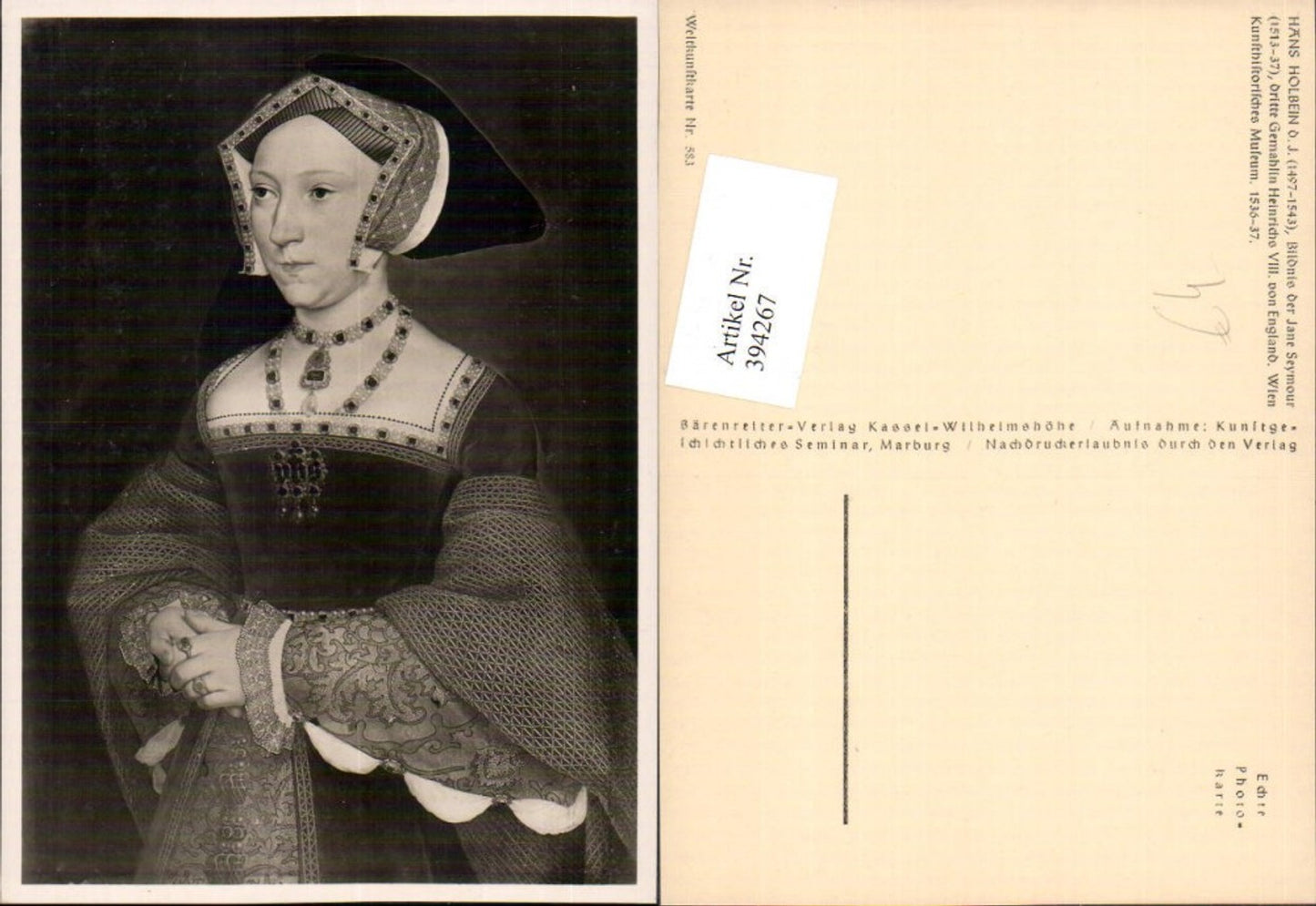 394267,Künstler AK Hans Holbein Jane Seymour Frau Portrait pub Bärenreiter 583