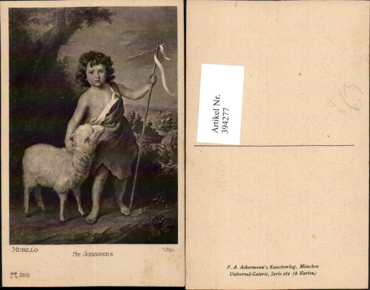 394277,Künstler AK Murillo St. Johannes Kind m. Lamm Schaf pub A. Ackermann 2906