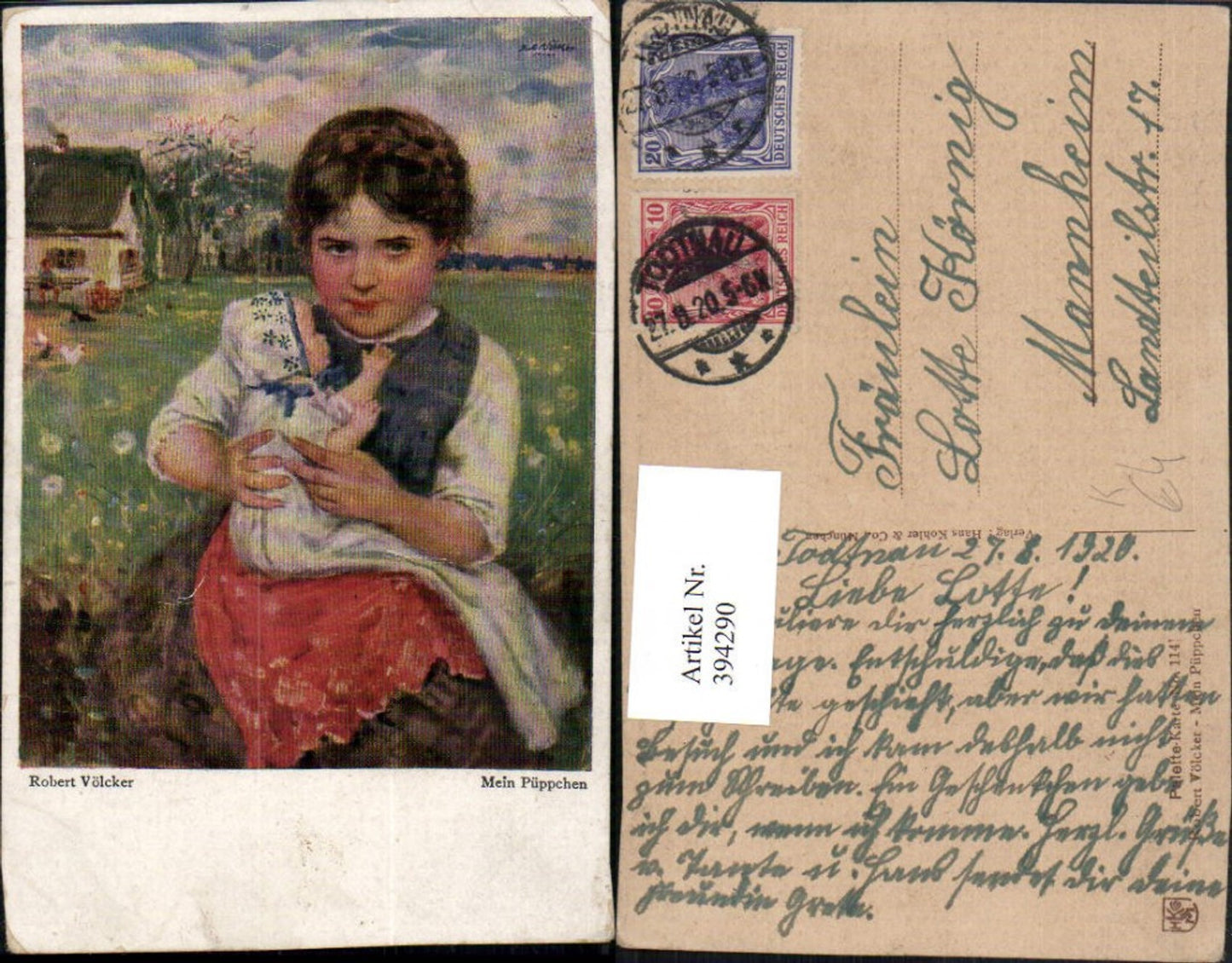 394290,Künstler AK Robert Völcker Mein Püppchen Mädchen m. Puppe